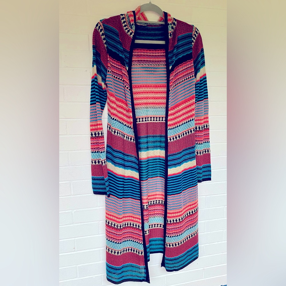 EUC Pinks & Blues Open Thin Sweater Cardigan Duster 🌸 Patterned with Hoodie Sz L
